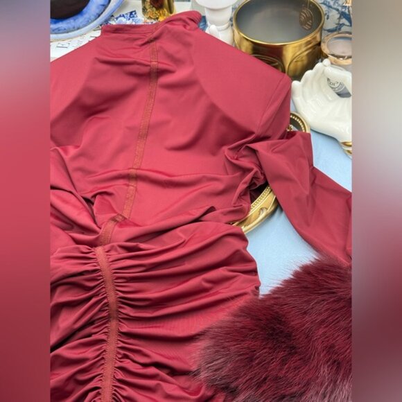 🆕 BRONX & BANCO 🧿 NWOT Eleanor Burgundy Fur Trimmed Mini Dress, Sz XS US 2 - Picture 15 of 17